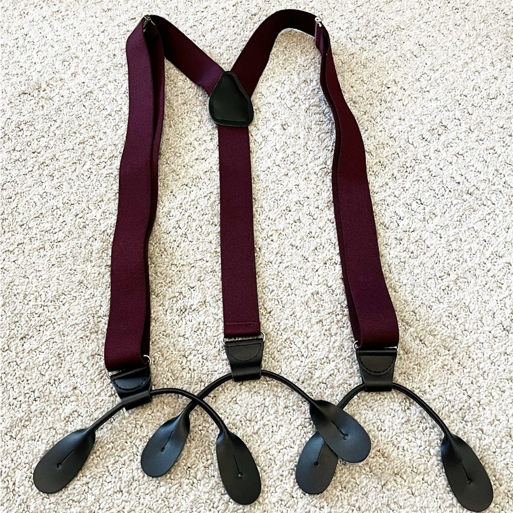 Men's Burgundy Leather-Tab Button Loop Suspenders - Classic Formal Support